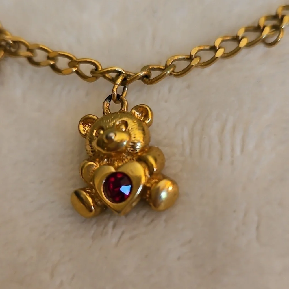 Vtg AVON Gold Bear Ruby Crystal Birthstone Charm Girl's Bracelet